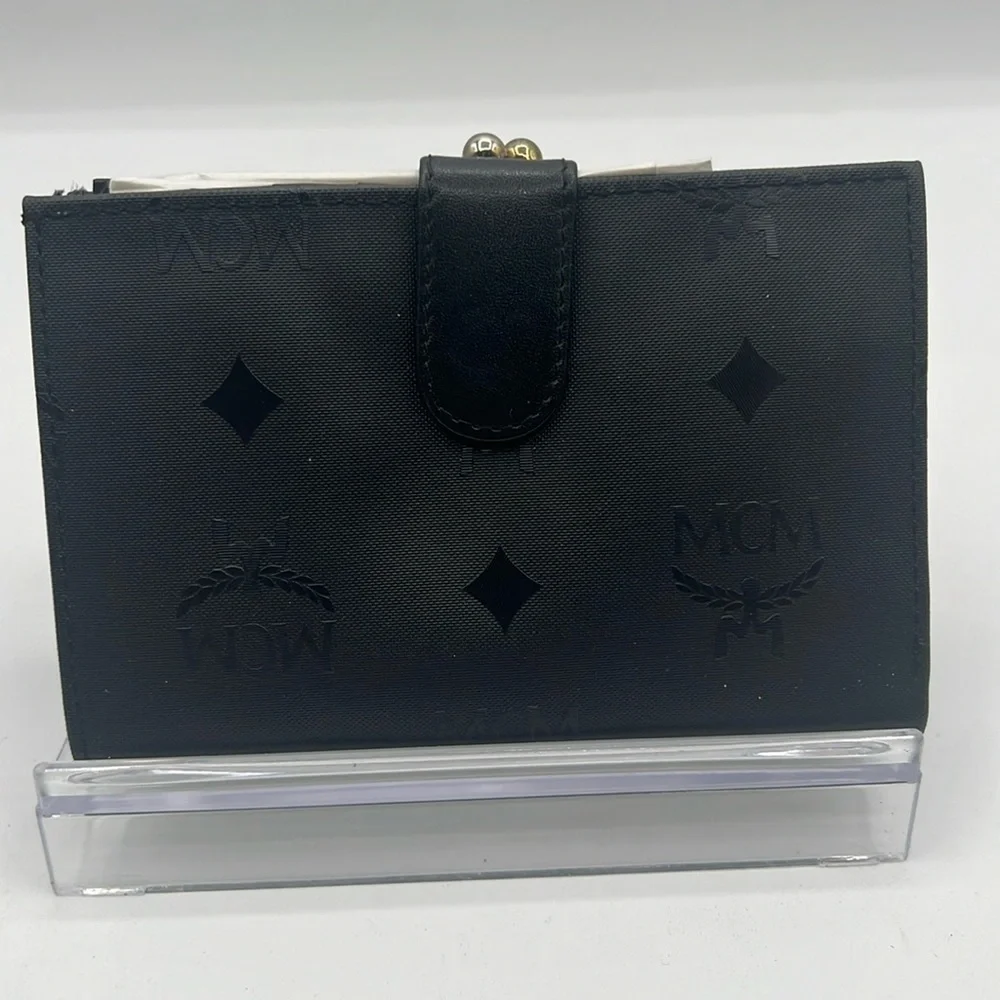 MCM Nylon & Leather Logo Kiss Lock Wallet black Made in Germany authentic